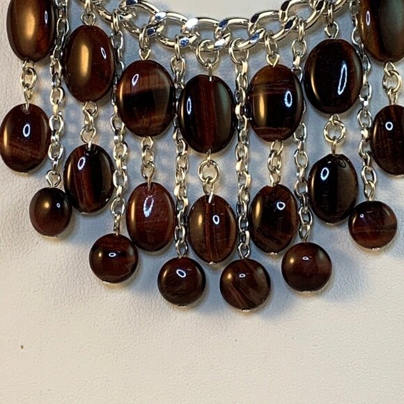 Silver Tone Curb Chain With Oval Tiger Eye Beads Choker Bib Necklace (NA96) - Picture 2 of 4